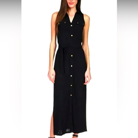 Michael Kors Midnight Blue Maxi Dress with Gold Buttons missing string belt - Picture 7 of 8